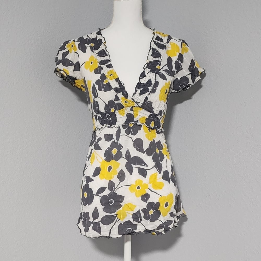 Vintage Y2K Three Pink Hearts Trixie 100% Cotton Yellow Grey Blouse Size Medium